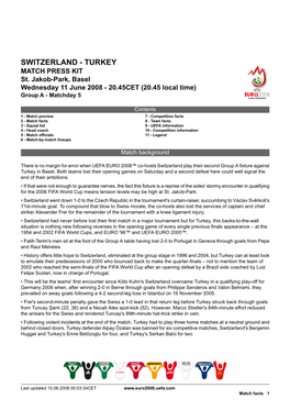 SWITZERLAND - TURKEY MATCH PRESS KIT St