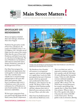 Main Street Matters a MONTHLY PUBLICATION of the TEXAS MAIN STREET PROGRAM