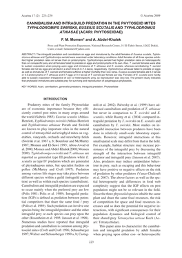 Cannibalism and Intraguild Predation in the Phytoseiid Mites Typhlodromips Swirskii, Euseius Scutalis and Typhlodromus Athiasae (Acari: Phytoseiidae)