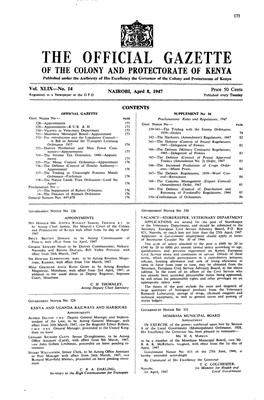 THE OFFICIAL GAZETTE of the COLONY and PROTECTORATE of KENYA Published Under the Authonty of HIS Excellency the Governor of the Colony and Protectorate of Kenya