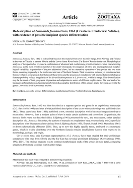 Redescription of Limnosida Frontosa Sars, 1862 (Crustacea: Cladocera: Sididae), with Evidence of Possible Incipient Species Differentiation