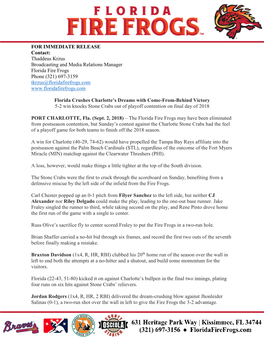 FOR IMMEDIATE RELEASE Contact: Thaddeus Krzus Broadcasting and Media Relations Manager Florida Fire Frogs Phone (321) 697-3159 T