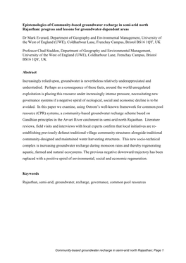 Epistemologies of Community-Based Groundwater Recharge in Semi-Arid North Rajasthan: Progress and Lessons for Groundwater-Dependent Areas