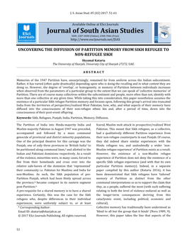 UNCOVERING the DIFFUSION of PARTITION MEMORY from SIKH REFUGEE to NON-REFUGEE SIKH Shyamal Kataria the University of Sharjah, University City of Sharjah 27272, UAE