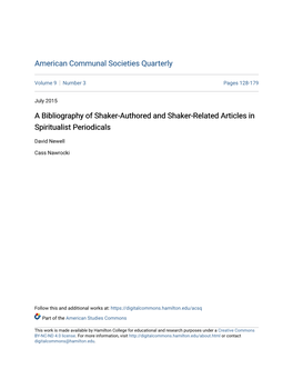 A Bibliography of Shaker-Authored and Shaker-Related Articles in Spiritualist Periodicals