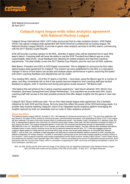 Catapult Signs League-Wide Video Analytics Agreement with National Hockey League