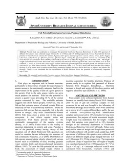 Fish Potential from Karez Sarawan, Panjgoor Balochistan F. HASHIM