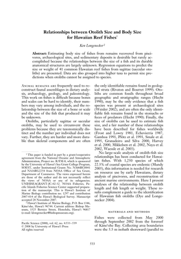 Relationships Between Otolith Size and Body Size for Hawaiian Reef Fishes1