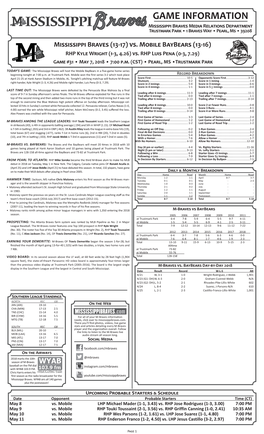 GAME INFORMATION Mississippi Braves Media Relations Department Trustmark Park • 1 Braves Way • Pearl, Ms • 39208
