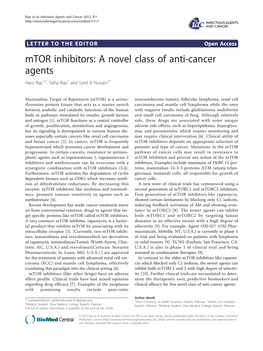 Mtor Inhibitors: a Novel Class of Anti-Cancer Agents Haris Riaz1,2, Talha Riaz1 and Syed a Hussain3*