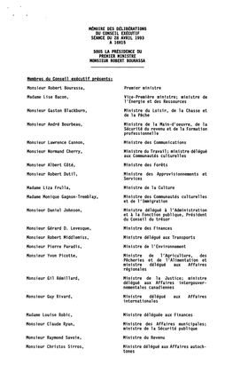MÉMOIRE DES DÉLIBÉRATIONS DU Conseil EX~CUTIF S~ANCE DU 28 AVRIL 1993 a 16H15