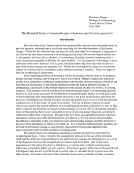 The Hominid Status of Sahelanthropus Tchadensis and Orrorin Tugenensis