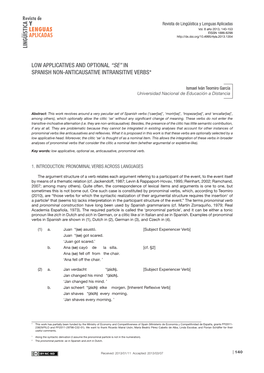 Low Applicatives and Optional “Se” in Spanish Non-Anticausative Intransitive Verbs*