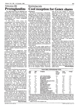 Prostaglandins Cool Reception for Genex Shares the 1982 Nobel Prize for Medicine Was Washington Held 22 Per Cent, Robert F