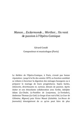 Esclarmonde… Werther… Un Vent De Passion À L’Opéra-Comique