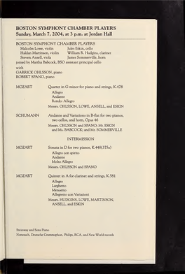 BOSTON SYMPHONY CHAMBER PLAYERS Sunday, March 7, 2004, at 3 P.M