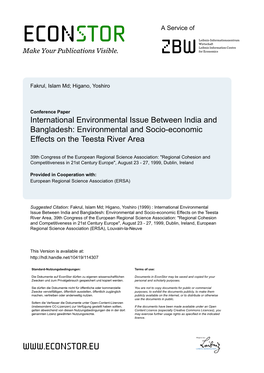 Environmental and Socio-Economic Effects on the Teesta River Area