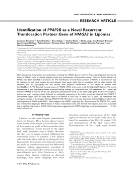 Identification of PPAP2B As a Novel Recurrent Translocation Partner Gene of HMGA2 in Lipomas
