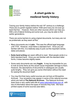 Short Guide to Medieval Family History