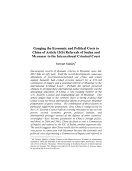 Gauging the Economic and Political Costs to China of Article 13(B) Referrals of Sudan and Myanmar to the International Criminal Court