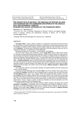 The Argon Field in Arcadia, the Sinkhole of Nestani Village, God Poseidon and the Submarine Dini Springs in the Argolic Gulf (Peloponnisos, Greece)