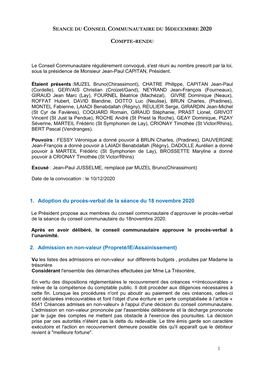 1 1. Adoption Du Procès-Verbal De La Séance Du 18 Novembre 2020 2