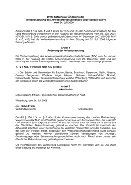AZV Dritte Änderung Der Verbandssatzung Vom 24.07.2008 Für