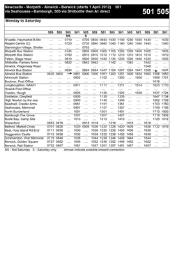 501 Via Seahouses - Bamburgh, 505 Via Shilbottle Then A1 Direct 501 505 Monday to Saturday