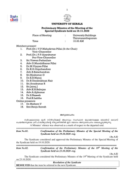 1 UNIVERSITY of KERALA Preliminary Minutes of the Meeting