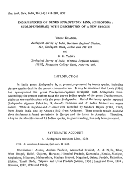 Indian Species of Genus Scolopendra Linn, (Chilopoda: Scolopendridae) with Description of a Ne\V Species