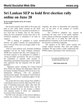 Sri Lankan SEP to Hold First Election Rally Online on June 28