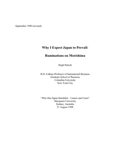 Why I Expect Japan to Prevail: Ruminations on Morishima Hugh Patrick*