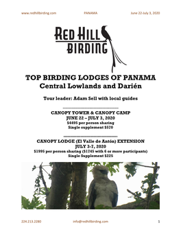 TOP BIRDING LODGES of PANAMA Central Lowlands and Darién