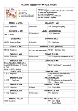 PLANNING MESSES DU 1Er MAI AU 30 JUIN 2016