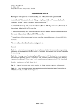 Supplementary Material Ecological Consequences of Land Clearing And