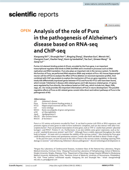 Analysis of the Role of Purα in the Pathogenesis of Alzheimer's Disease Based on RNA-Seq and Chip-Seq