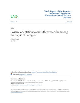 Positive Orientation Towards the Vernacular Among the Talysh of Sumgayit Calvin Tiessen SIL-UND