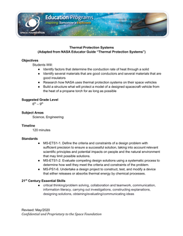 Thermal Protection Systems (Adapted from NASA Educator Guide “Thermal Protection Systems”)