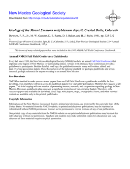 Geology of the Mount Emmons Molybdenum Deposit, Crested Butte, Colorado Dowsett, F