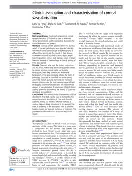 Clinical Evaluation and Characterisation of Corneal Vascularisation Lana a Faraj,1 Dalia G Said,1,2 Mohamed Al-Aqaba,1 Ahmad M Otri,1 Harminder S Dua1