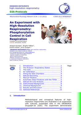 An Experiment with High-Resolution Respirometry: Phosphorylation Control in Cell Respiration Oxygraph-2K Workshop Report, (IOC30), Schroecken, Austria