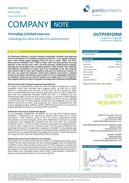 COMPANY NOTE Immutep Limited (IMM-AU) OUTPERFORM Unlocking the Value of LAG-3 in Autoimmunity Target Price AUD0.078 Current Price AUD0.030