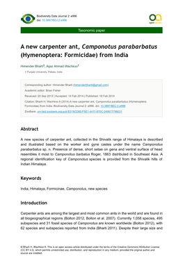 A New Carpenter Ant, Camponotus Parabarbatus (Hymenoptera: Formicidae) from India