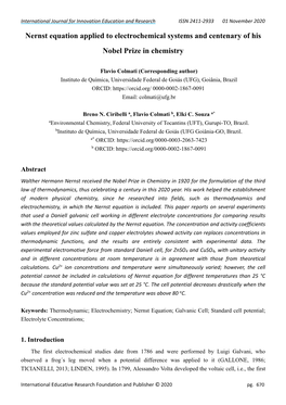 Nernst Equation Applied to Electrochemical Systems and Centenary of His Nobel Prize in Chemistry