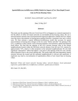 (SIDD) Models for Impact of New Mass Rapid Transit Line on Private Housing Values Mi DIAO1, De