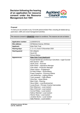 Decision Following the Hearing of an Application for Resource Consent Under the Resource Management Act 1991