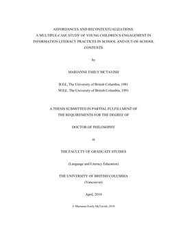 Affordances and Recontextualizations: a Multiple-Case Study of Young Children‟S Engagement in Information Literacy Practices in School and Out-Of-School Contexts