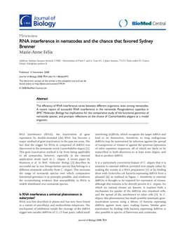 RNA Interference in Nematodes and the Chance That Favored Sydney Brenner Marie-Anne Félix