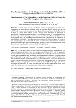Transformações Do Bairro Da Vila Olímpia Em São Paulo, Brasil (2000 a 2013) E As Percepções Da Hospitalidade No Espaço Urbano