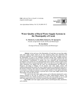 Water Quality of Rural Water Supply Systems in the Municipality of Cacak